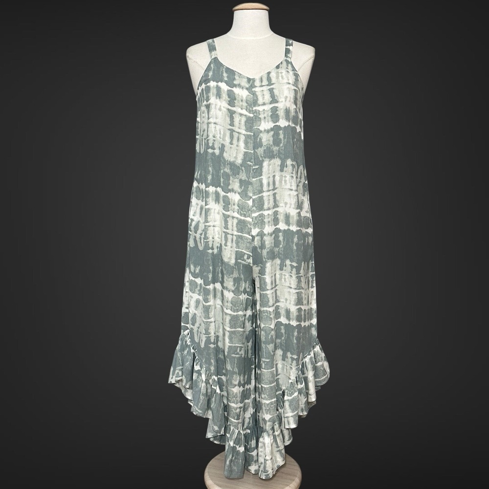 Retro Tie Dye Womens Jumpsuit M Loose One Piece Ruffle Beachy Casual Relaxed